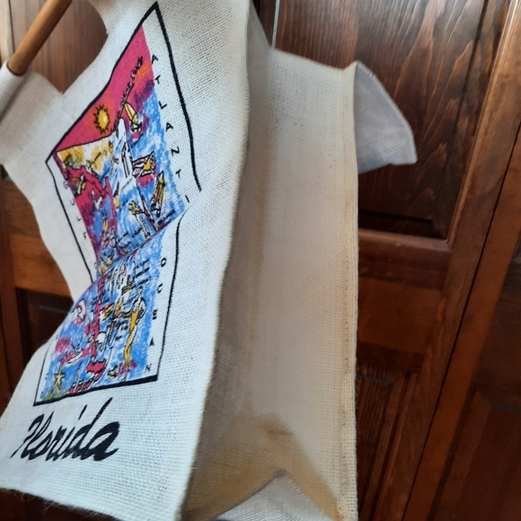 NWOT Vintage Florida graphic wood handle woven large reusable tote beach bag - Picture 9 of 9